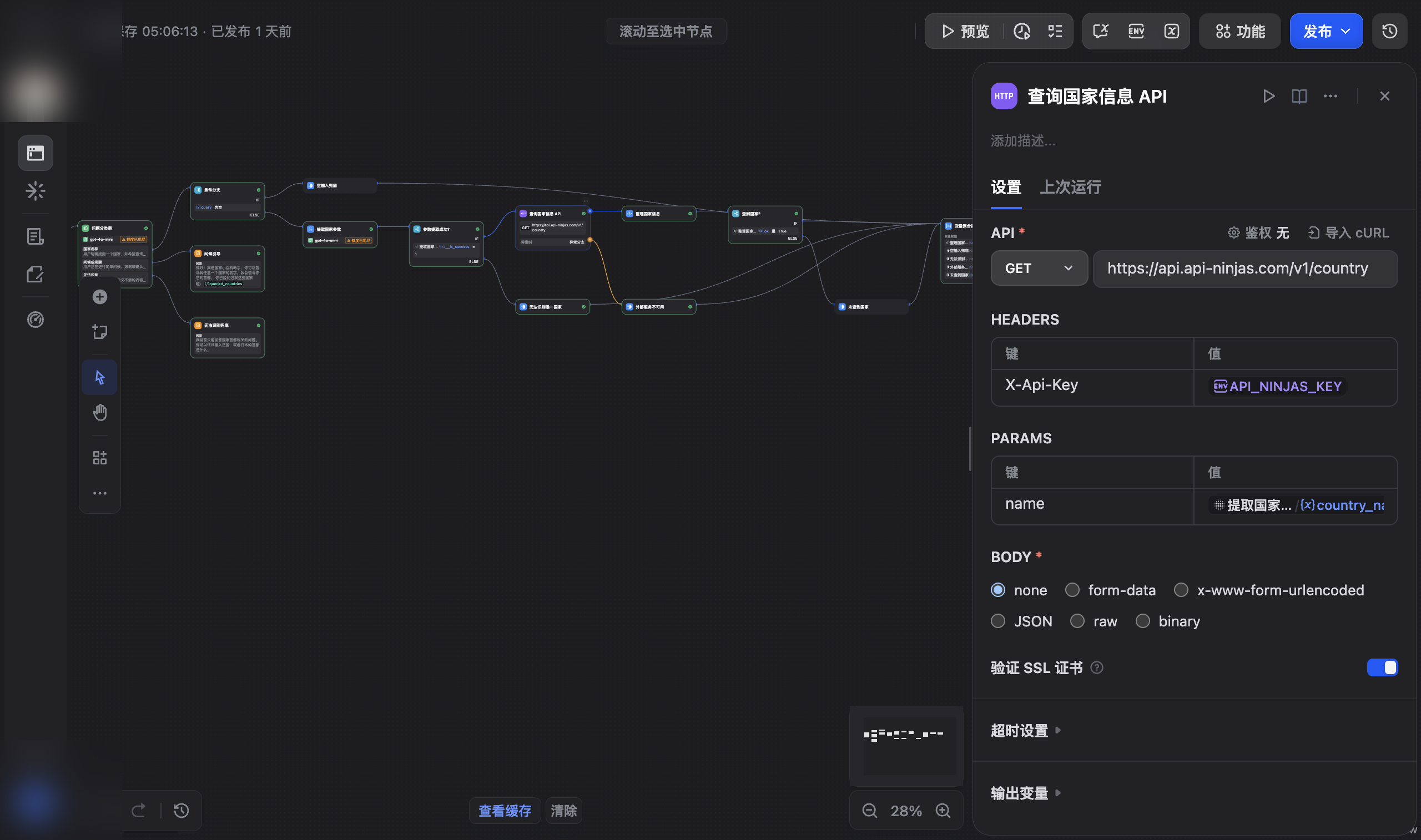 HTTP Request 节点配置,使用 GET 请求固定 URL,name 查询参数引用 country_name_en,X-Api-Key Header 引用 Secret 环境变量