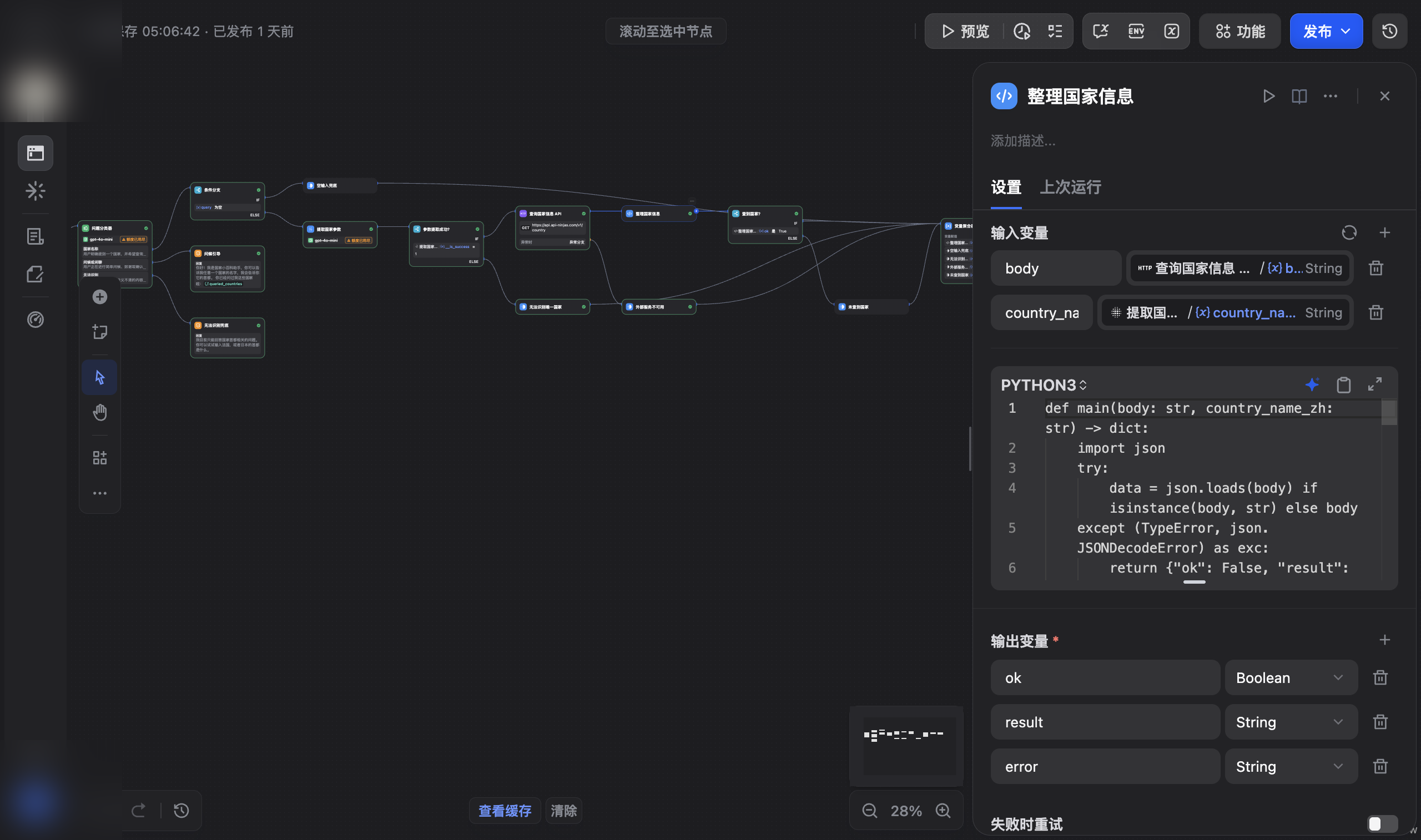 Code 节点配置,输入包含 body 与 country_name_zh,Python 代码解析 JSON,并声明 ok、result、error 三个输出