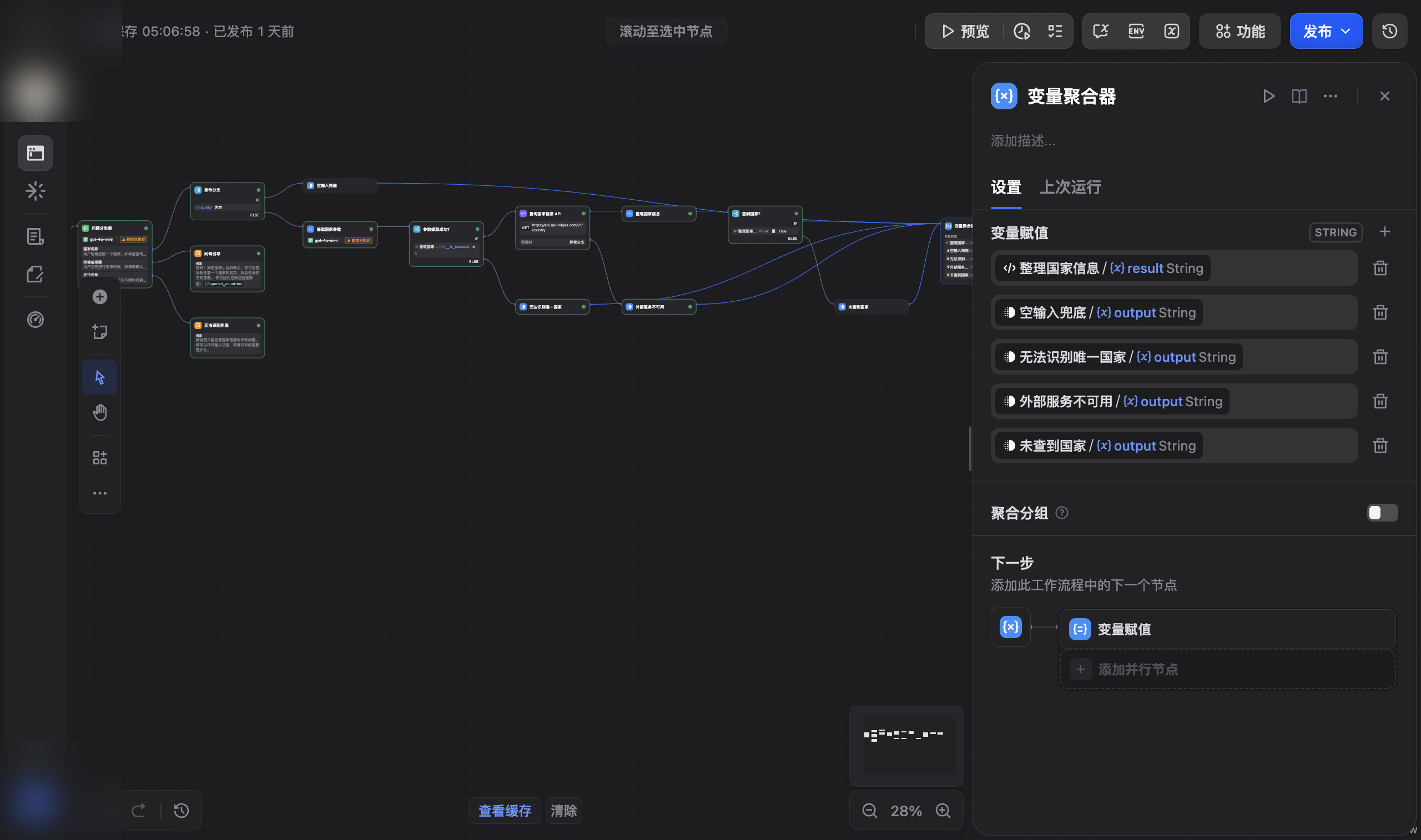 国家名称分支局部全景,五个候选字符串汇入变量聚合器,再连接变量赋值器和唯一直接回复节点